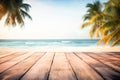 Top of wood table with seascape, blur calm sea and sky at tropical beach background. Empty table ready for your product Royalty Free Stock Photo