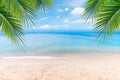 Top of wood table with seascape and palm leaves, blur bokeh light of calm sea and sky at tropical beach background.blurred blue