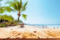 Top of wood table with seascape, palm tree, calm sea and sky at tropical beach background Royalty Free Stock Photo