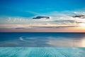 Top of wood table with summer seascape and white cloud blue sky in nature vacation background Royalty Free Stock Photo