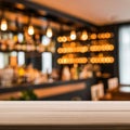 Top of Wooden table with Blurred Bar Interior restaurant background. Royalty Free Stock Photo