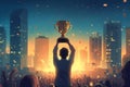 On Top of the World, Night Stadium Winner with Gold Trophy Cup, generative Ai Royalty Free Stock Photo