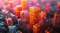 A topdown view of a futuristic cityscape is presented with a grid of colorful data blocks that represent key financial