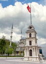 Tophane Clock Tower, with Nusretiye imperial Ottoman Mosque in the background, at Galata Port, Beyoglu, Istanbul, Turkey