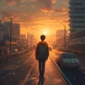 A boy walking along the highway next to the hustle and bustle of the city at the sun sets