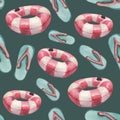 Watercolor seamless pattern of swimming rings, and beach shale. Royalty Free Stock Photo