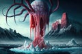 Red brain tentacle sagging artery flying alien drips spiderweb milk onto the frozen village below Royalty Free Stock Photo