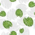 Topical Botany Hibiscus flower and Monstera leaf seamless pattern chic fashion design with dark purple background