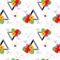 Topical Botany Hibiscus flower and Monstera leaf seamless pattern chic fashion design with triangle Geometry texture design