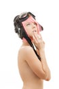 Topless pink hair girl in aviator helmet Royalty Free Stock Photo