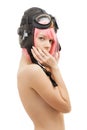 Topless pink hair girl in aviator helmet Royalty Free Stock Photo