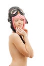 Topless pink hair girl in aviator helmet Royalty Free Stock Photo