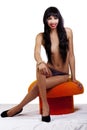 Topless Skinny African American Woman Sitting Stool
