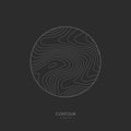 Topographic map circle logo concept on dark background. Topo map elevation lines. Contour vector abstract vector
