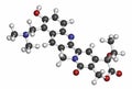 Topotecan cancer drug molecule (topoisomerase I inhibitor). Atoms are represented as spheres with conventional color coding: