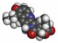 Topotecan cancer drug molecule (topoisomerase I inhibitor). Atoms are represented as spheres with conventional color coding: