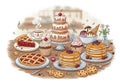 Topped with berries, lattice-topped pies, cupcakes with cherries, and Royalty Free Stock Photo