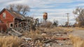 A toppled water tower overshadowing a deserted town its rusted tank precariously balanced on a collapsed support