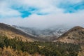 Tops of mountains in low thick clouds and trees covered with hoarfrost, morning hills panorama