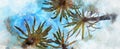 Tops of palm trees against blue sky background digital watercolor Royalty Free Stock Photo