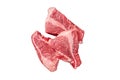 Topside sirloin beef cut, raw meat with spices. Isolated, white background.