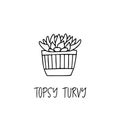 Topsy Turvy succulent plant in decorative pot in doodle style with a handwritten title