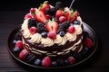 Topview birthday cake with berries on a black