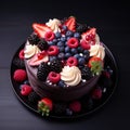 Topview birthday cake with berries on a black