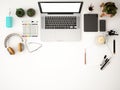 Topview of desktop computer screen on white desk,working space,working background ,interior of working room,work from home,3d rend Royalty Free Stock Photo