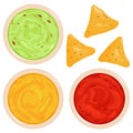 Bowls of avocado guacamole dip, tomato and cheese salsa sauce and nachos chips. Mexican food and tortillas. Vector illustration