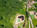 Topview from a drone over the pool surrounded by green trees Royalty Free Stock Photo