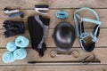 Topview of equipment for horse care and riding