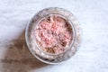 Topview of a glass container with fruiting fungal mycelium, mushroom cultivation and fungiculture Royalty Free Stock Photo