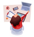 Topview illustration of woman working at desk with laptop using tablet with graphics, analyses data Royalty Free Stock Photo