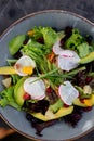 Topview image of vegetable salad with turnips and avocado