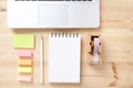 Topview of office stuff on wooden working table Royalty Free Stock Photo