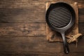 Topview of an old grill pan, empty, on rustic oak