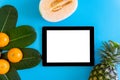 Topview of orange,pineapple, cantaloupe with desktop with blank