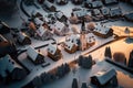 Topview of small miniature village covered in snow, ai generated