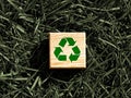 Wooden block with recycling recycle icon logo symbol . AI gemerated