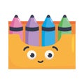 An illustration features a cartoon-style, orange crayon box with a smiling face and large, friendly eyes. Royalty Free Stock Photo