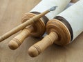 Torah scrolls on a wooden table. Royalty Free Stock Photo