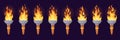 Torch animation. Animated fire brand, flame old candle or medieval bonfire beach pillar, cartoon spark flames 2d