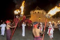 Torch Bearers and ceremonial elephants parade during the Esala Perahera at Kandy in Sri Lanka. Royalty Free Stock Photo