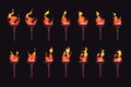 Torch burning sequence. Sprite animation frame set, cartoon medieval fire blaze icons for game asset, ancient flammable