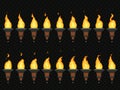 Torch fire animation. Burning cresset, flames on torches and flambeau animated loop sequence isolated vector set
