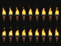 Torch fire animation. Burning cresset, flames on torches and flambeau animated loop sequence isolated vector set