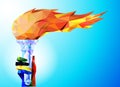 Torch, Flame. A hand from the Olympic ribbons holds the Cup with a torch on a blue background in a geometric triangle of XXIII sty Royalty Free Stock Photo