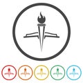 Torch with flame and open book ring icon, color set