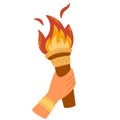 Hand with flaming torch. Burning torch flame in hand. Symbols of relay race, competition victory, champion or winner.